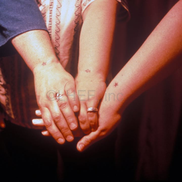 Three women showing their tattoos in the 50s, from the Lesbian Herstory Archives